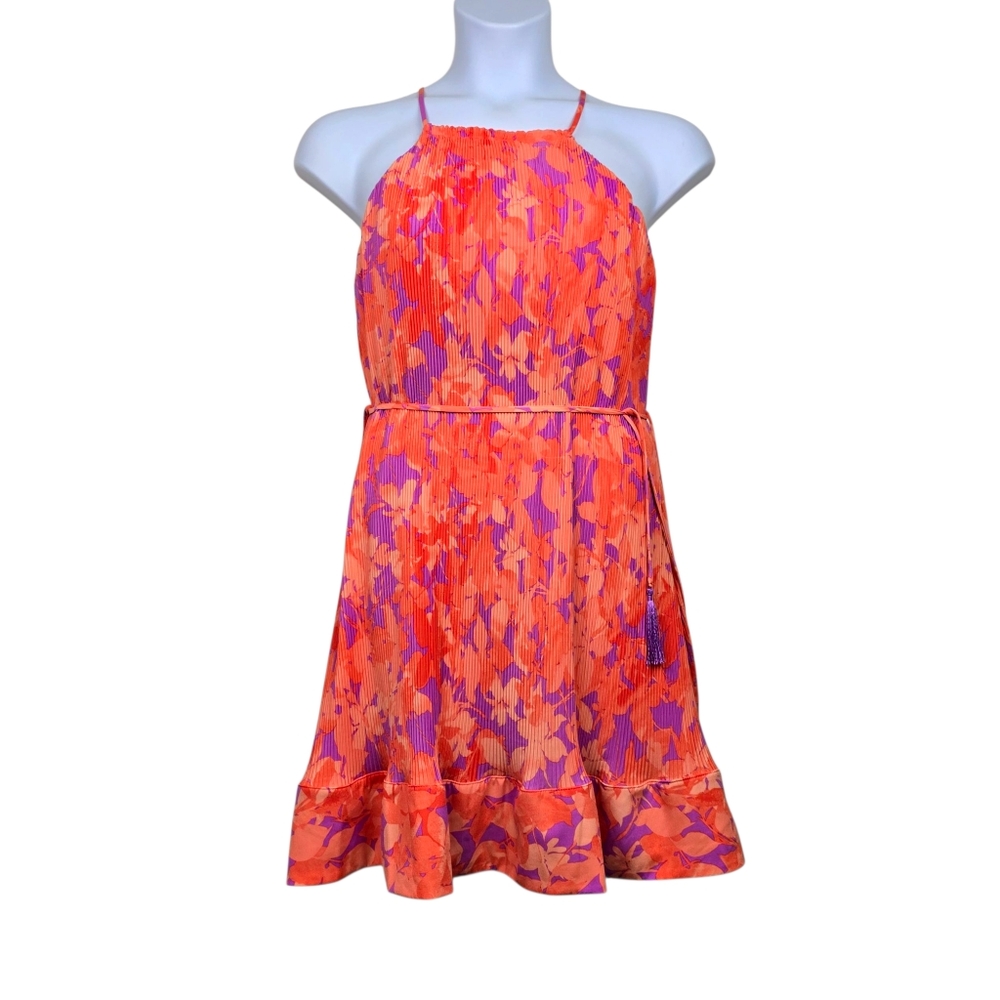 Taylor Womens Sleeveless Orange Purple Pleated Flounce Hem Mini Dress Size L NWT